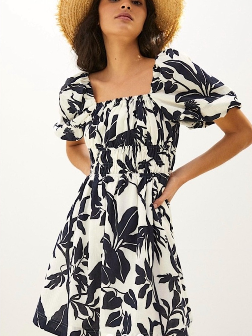 Maeve Anthropologie Smocked Square-Neck Mini Dress Navy Floral bird print medium